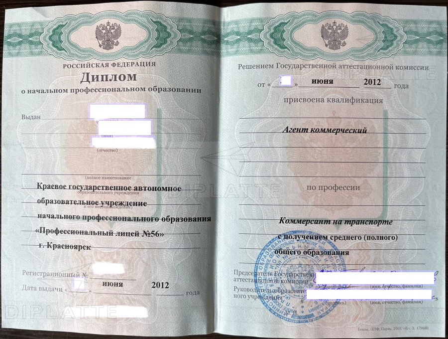 Диплом КГАОУ НПО ПЛ №56 г. Красноярска по профессии Коммерсант на транспорте 2012 года выда (Титул)