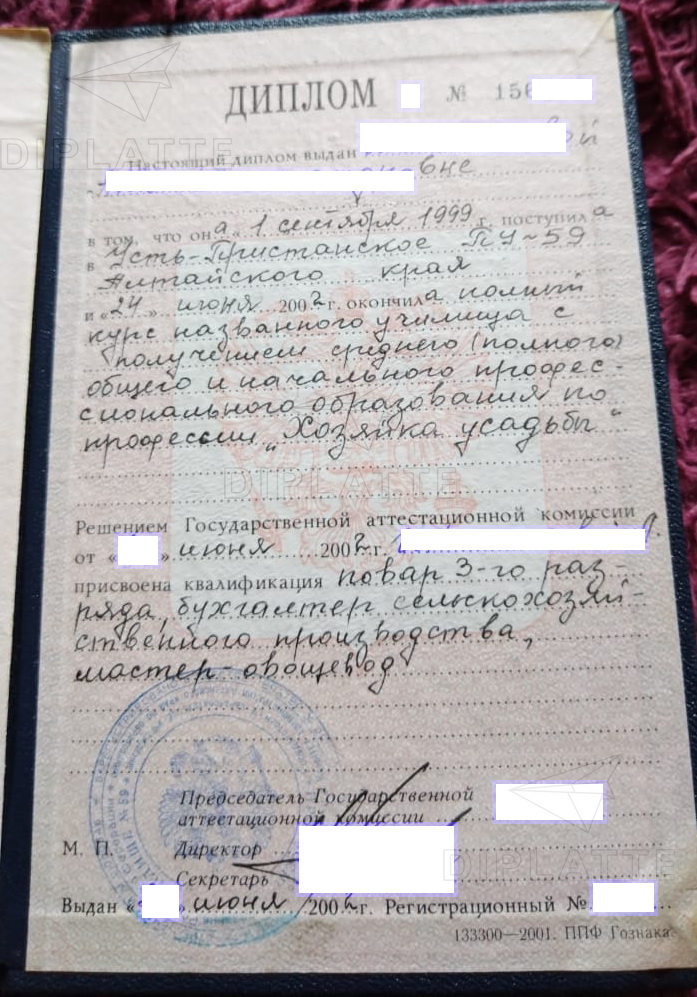 Диплом профессионального училища №59 с. Усть-Пристань Алтайский край по профессии Хозяйка усадьбы